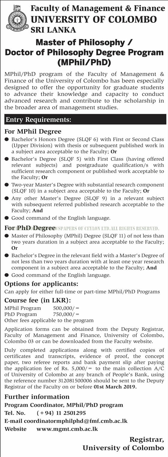 Master of Philosophy, Doctor of philosophy Degree - Faculty of Management Finance - University of Colombo